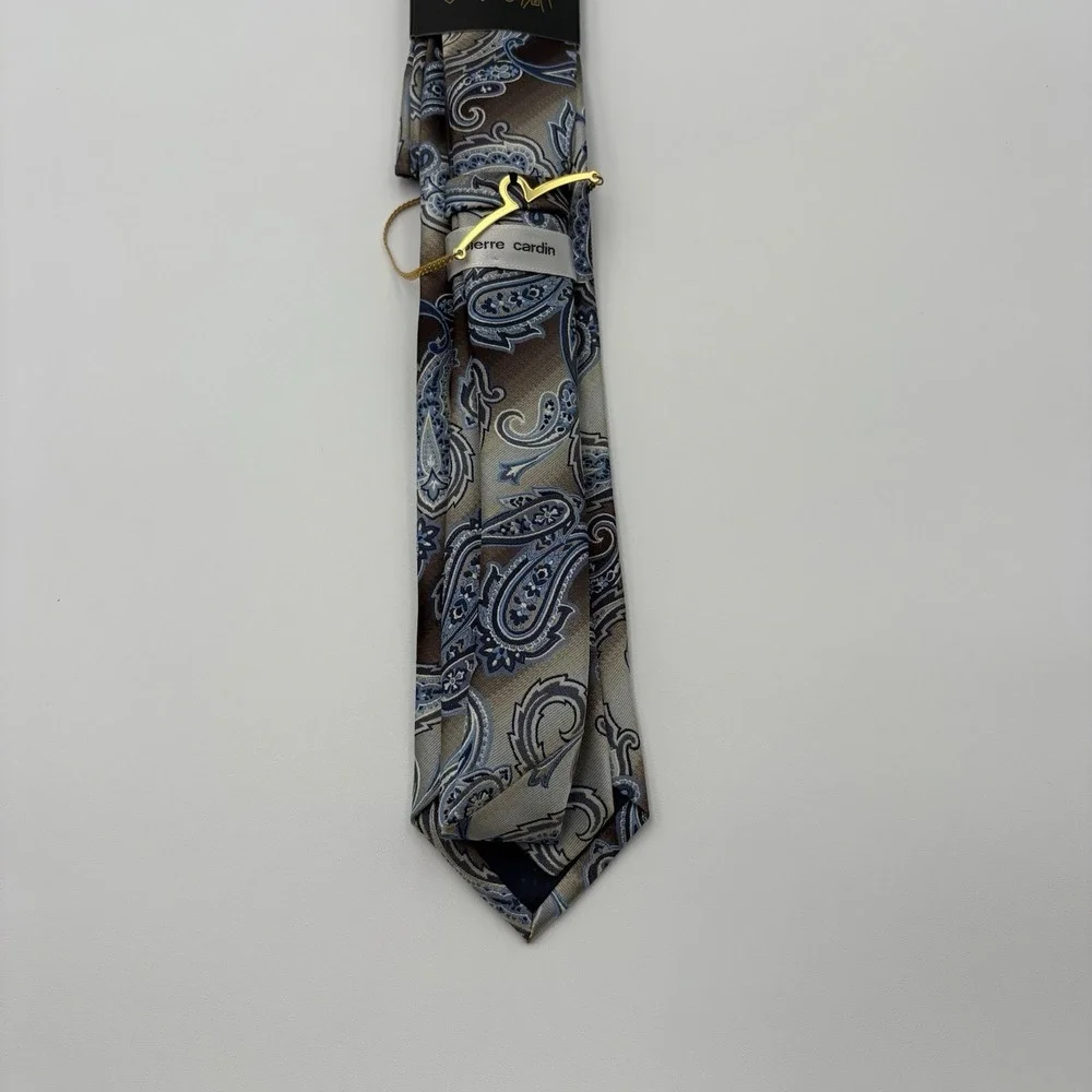 Pierre Cardin 3-Pc Mens Paisley Tie Pocket Square & Chain Set Brown NWT